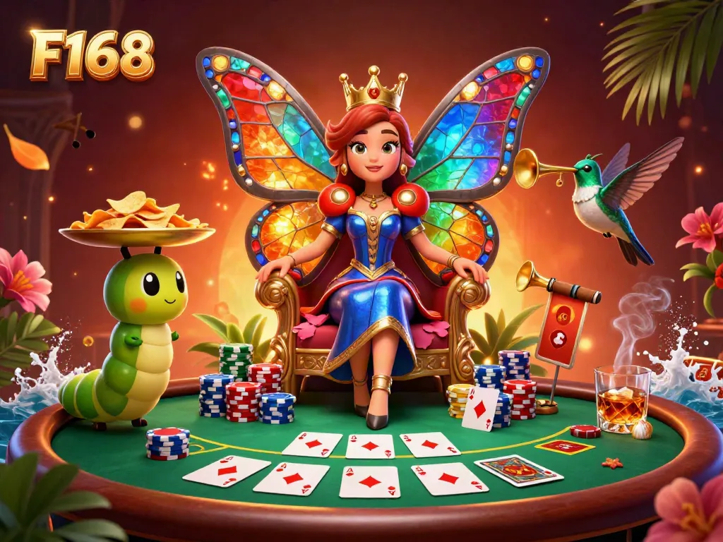 Experience the vibrant world of F168 with an enchanting butterfly queen surrounded by poker elements and casino excitement.