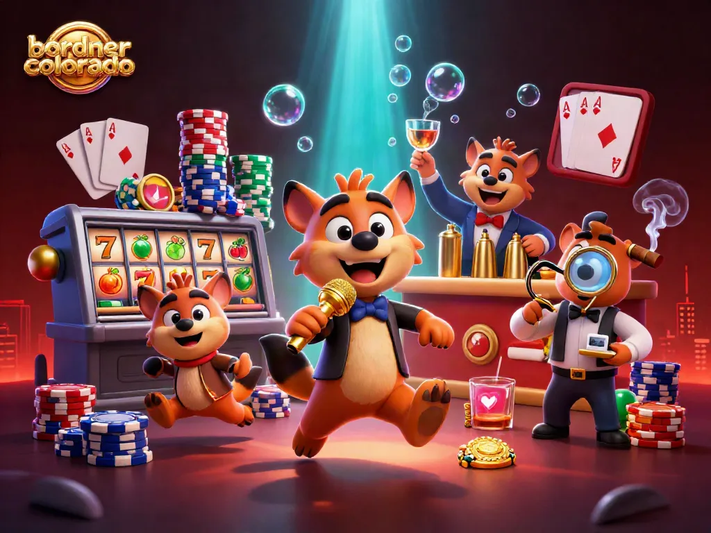 Bordnercolorado hyenas animate a vibrant casino scene with slots, poker, drinks, and humor.
