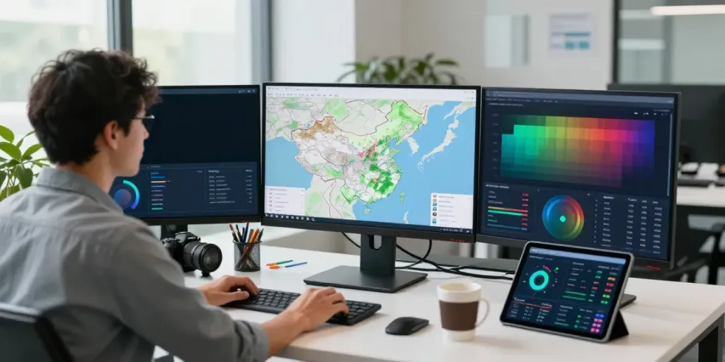 Analyst reviewing GEO tool data in a modern workspace with analytics screens.