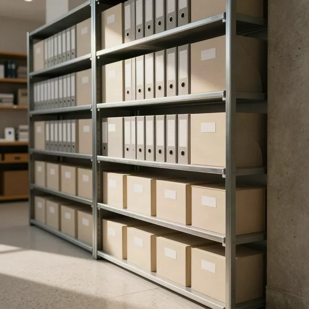 Archiefdozen en ordners op stalen stelling in een droge opslagruimte.