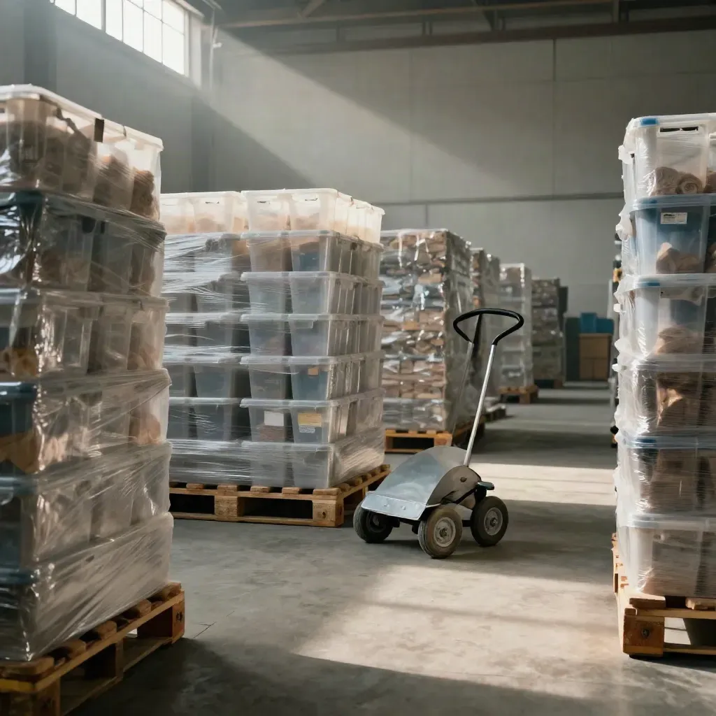 Pallets, plastic bakken en een steekwagen in een strakke opslaghal.