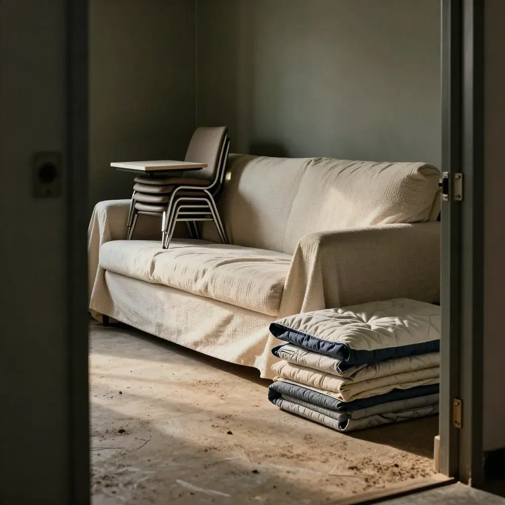Gepakte sofa, stoelen en tafelblad in een beveiligde opslagruimte met dekens