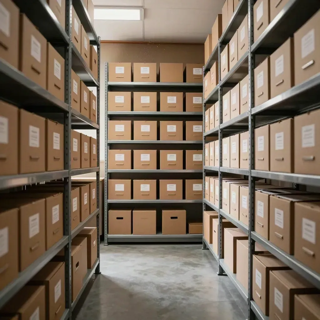 Droge archiefruimte met stalen stellingen, dozen en een vrije middenloop.