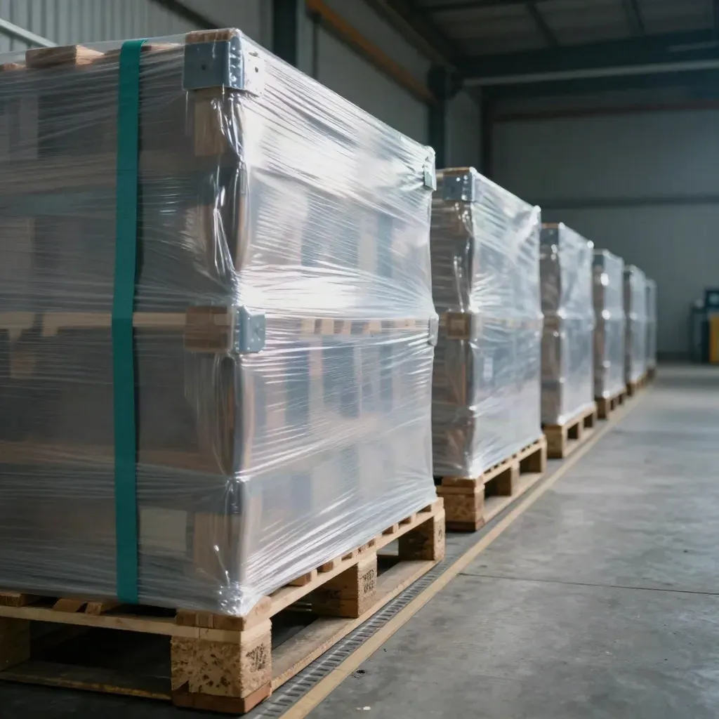 Laag standpunt langs een rij krimpfolie-pallets in een strak verlichte opslaghal.