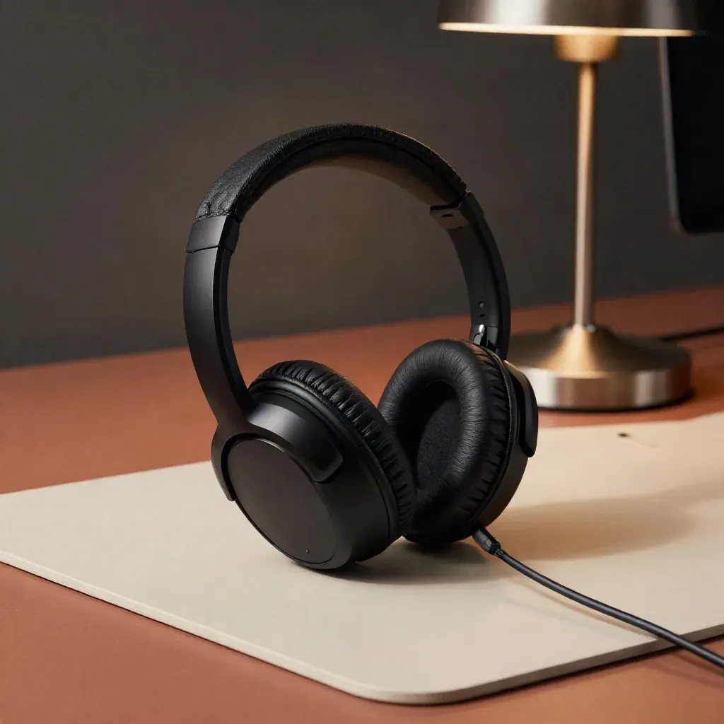 Headset, telefoonhouder en lampvoet op een terracottakleurig bureaublad