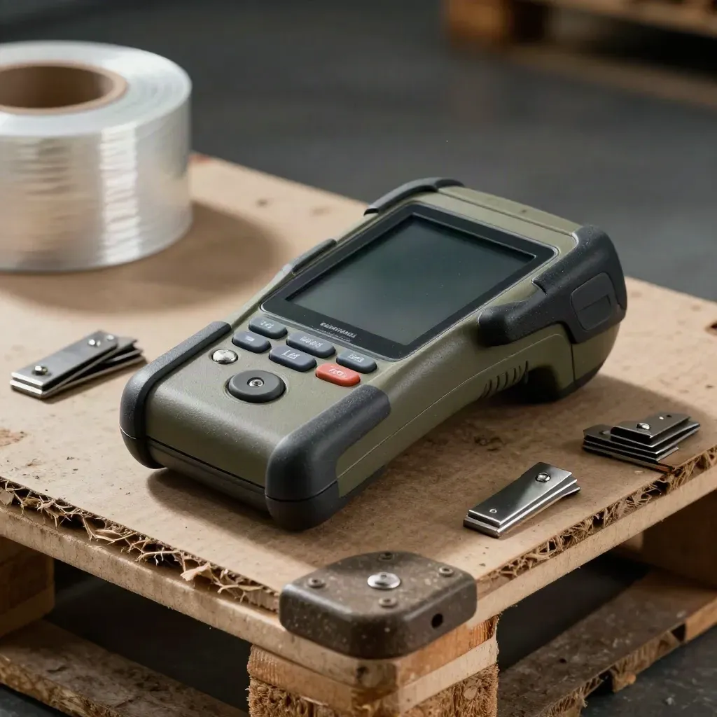 Handterminal en pallethoekbeschermers op een ruwe palletvloer, van boven gefotografeerd.