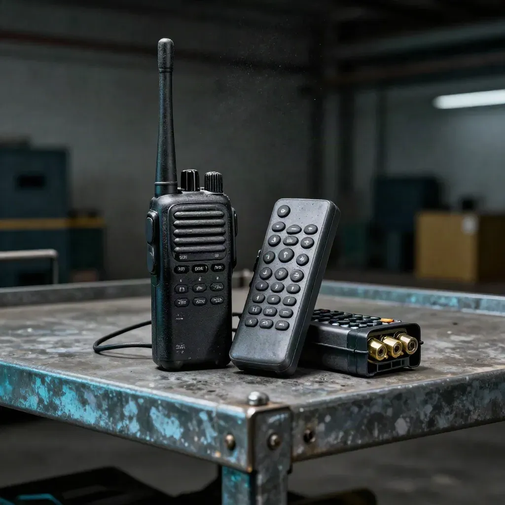Walkietalkie, dockdeurbediening en batterij op een stalen plank in een magazijn.