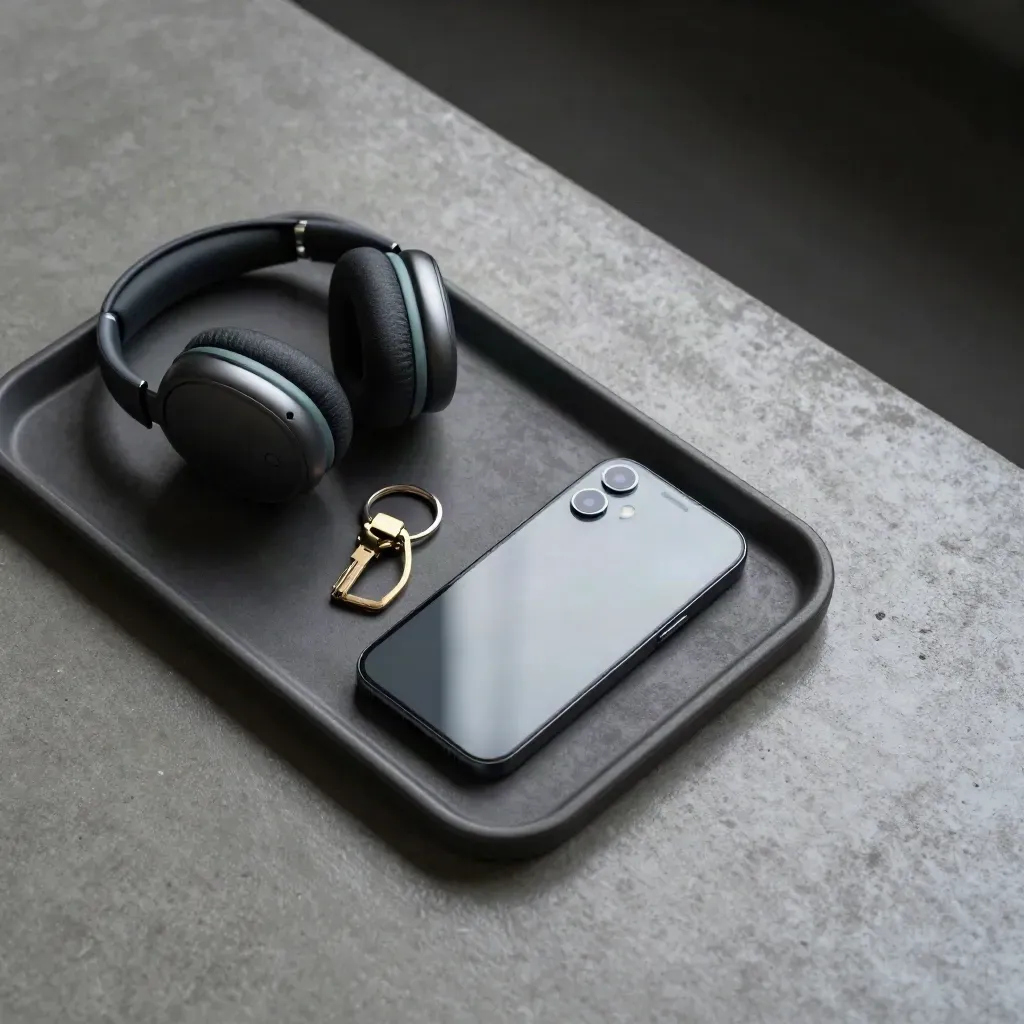 Bovenaanzicht van smartphone, headset en sleutelhanger op donkere tray in rustige opslagstijl.