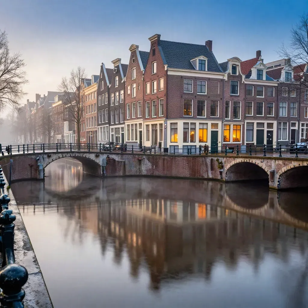 Amsterdamse grachtengordel met brugreflectie in stil water en mist