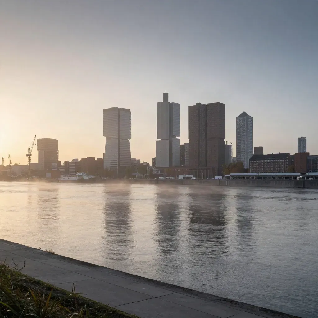 Mistige Rotterdamse skyline bij zonsopkomst boven de rivier, met zachte oever en nevel.