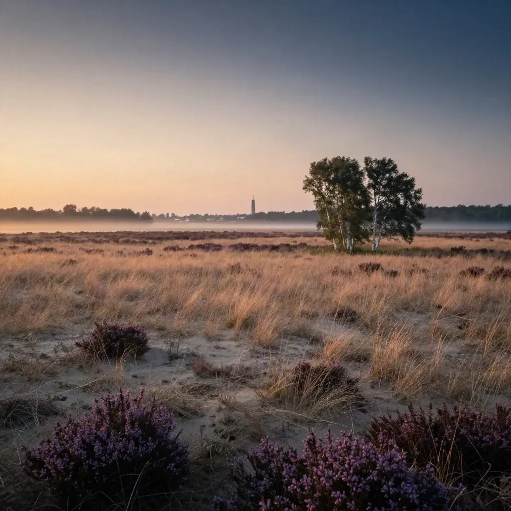 Heide in Brabant bij zonsondergang, met een dorpskerktoren en bomen in de verte.