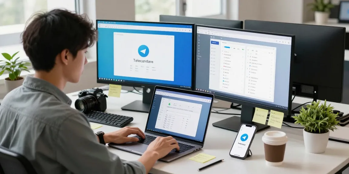 Setting up the Telegram Chinese Version on a laptop in a modern workspace with dual monitors and tech gadgets.