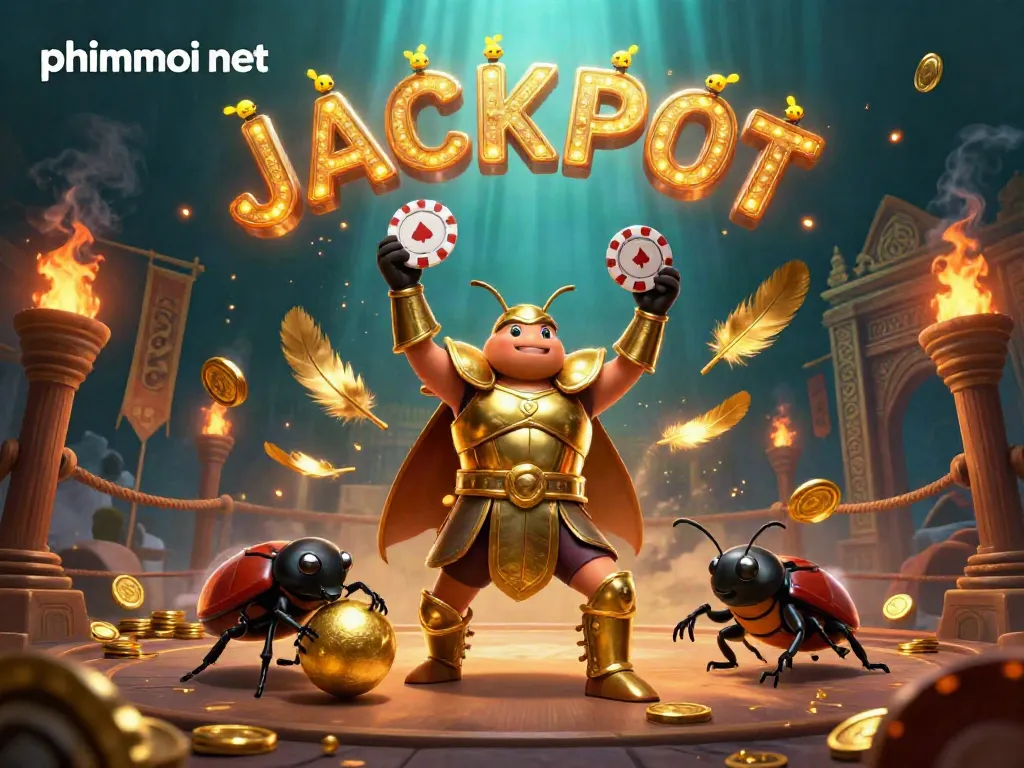 Engaging scene with phimmoi net showcasing a heroic beetle championing poker with dramatic casino elements