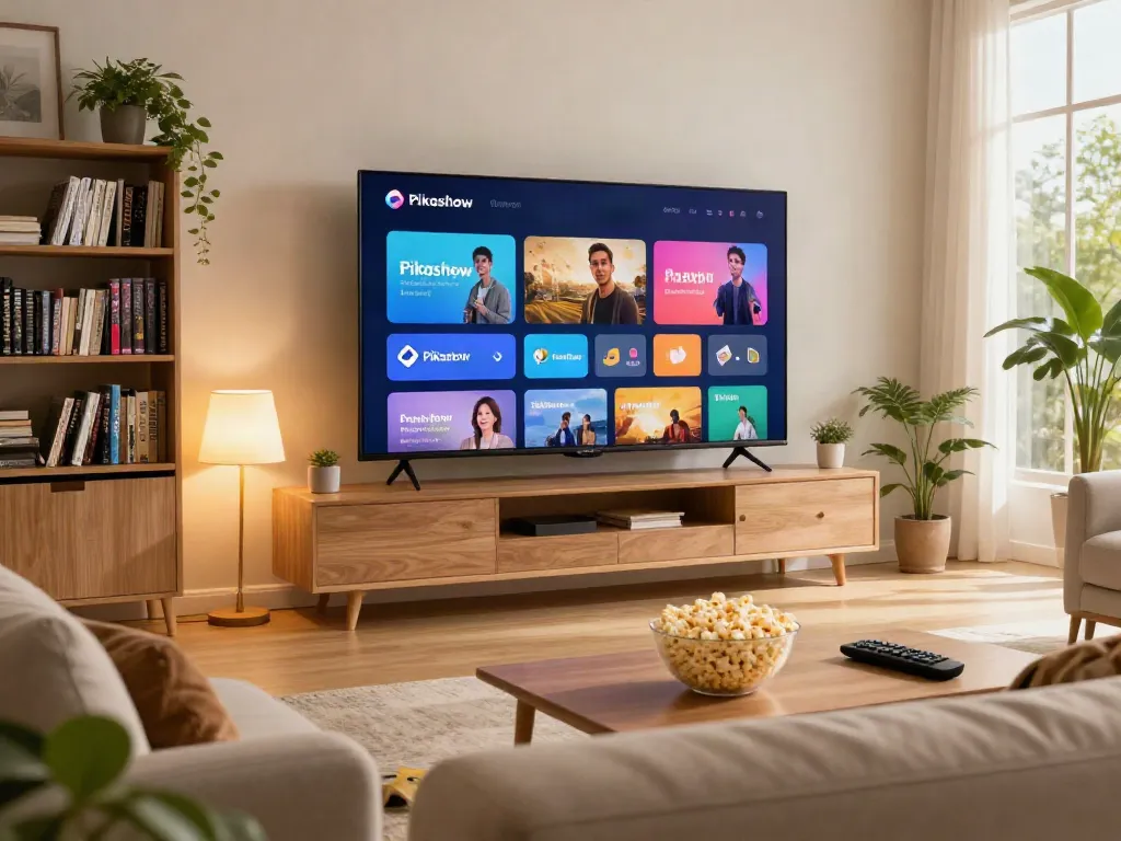 Pikashow app displayed on a smart TV in a cozy living room setup for streaming entertainment.